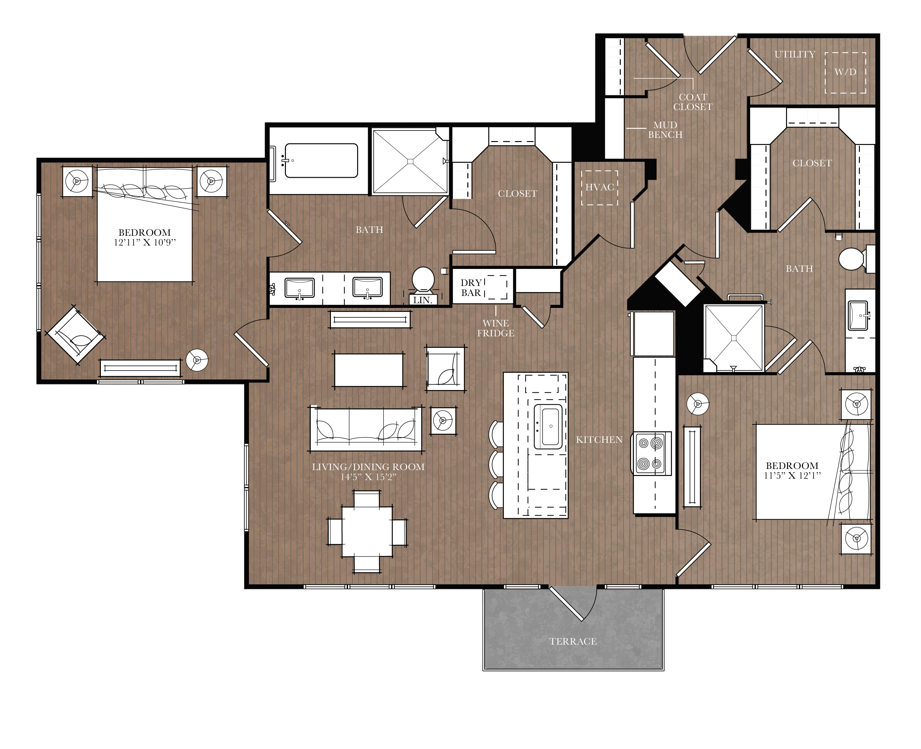 Floor plan for 2 beds, 2 baths, 1188 sqft